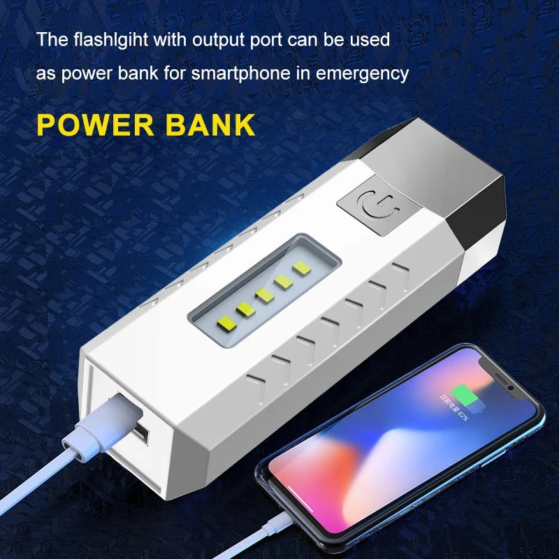 2024 New Arrival Super Bright LED Flashlight USB Rechargeable Camping Lamp Phone Charger COB Flashlights