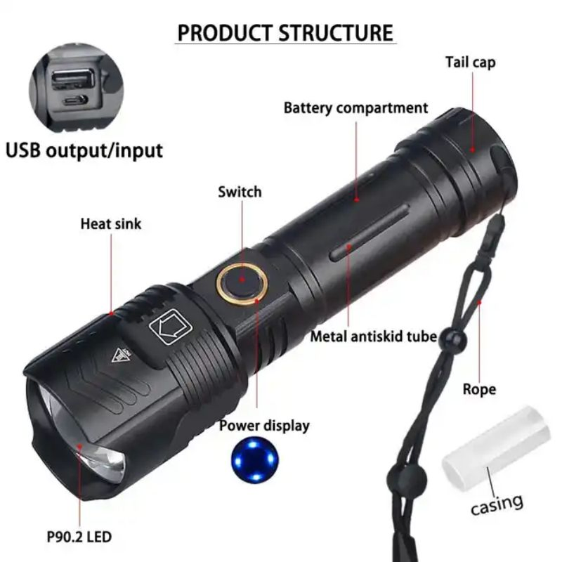 Super Bright Xhp160 Lamp Bead Telescopic Zoom LED Flashlight USB Charging Belt Output Waterproof Camping Emergency Flashlight