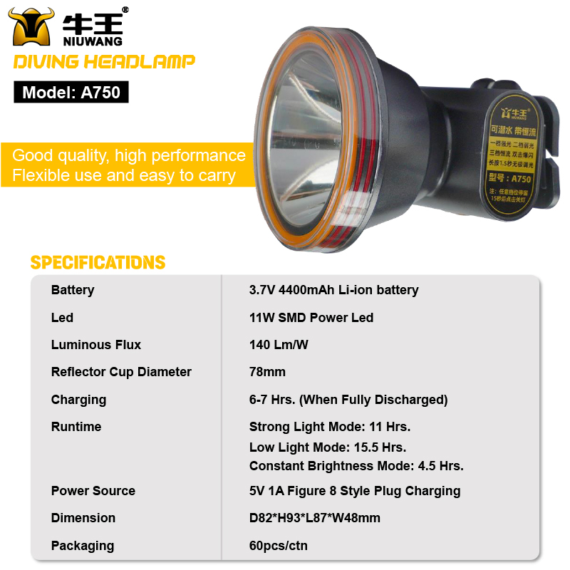 Durable Waterproof LED Headlamp Ideal for Diving and Night Work (A750, 4400mAh)
