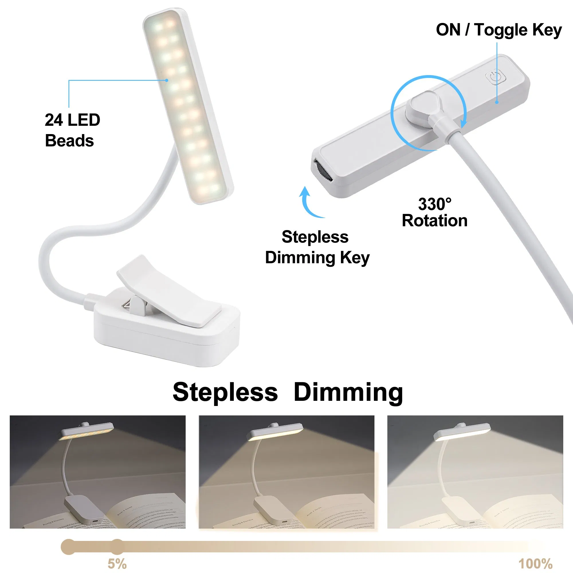 Portable Battery Powered Clip Book Light for Reading Energy Saving LED Adjustable Brightness Reading Lamp