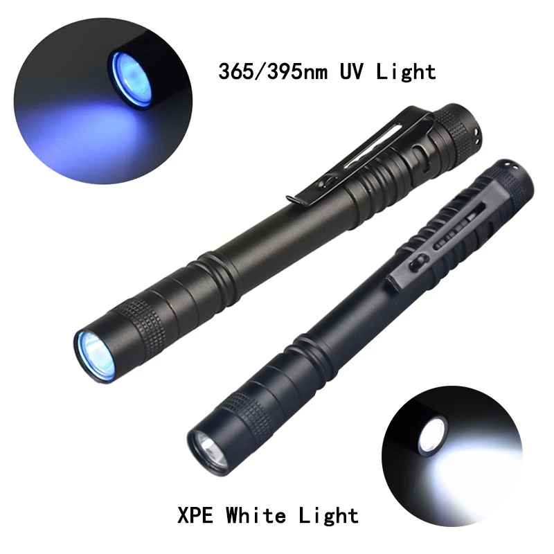 Hot Sale Mini 3W 395nm UV Pen Flashlight Waterproof Pocket Small Black Light Penlight for Banknote Detector with Metal Clip