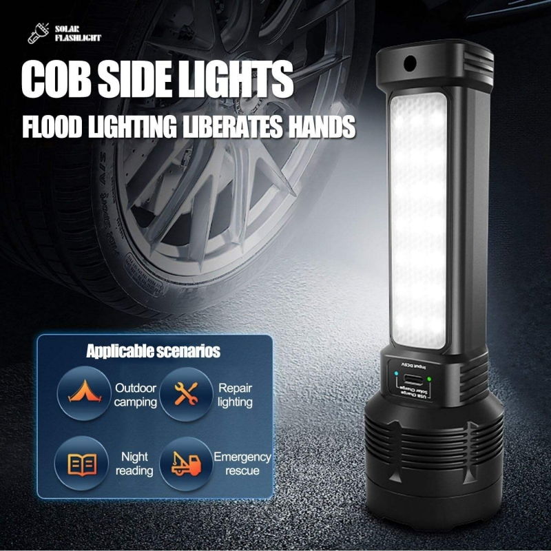 Rechargeable Solar Powered Flashlight LED Tactical Flashlight USB Charging Powerful Handheld Flashlights for Emergencies Camping