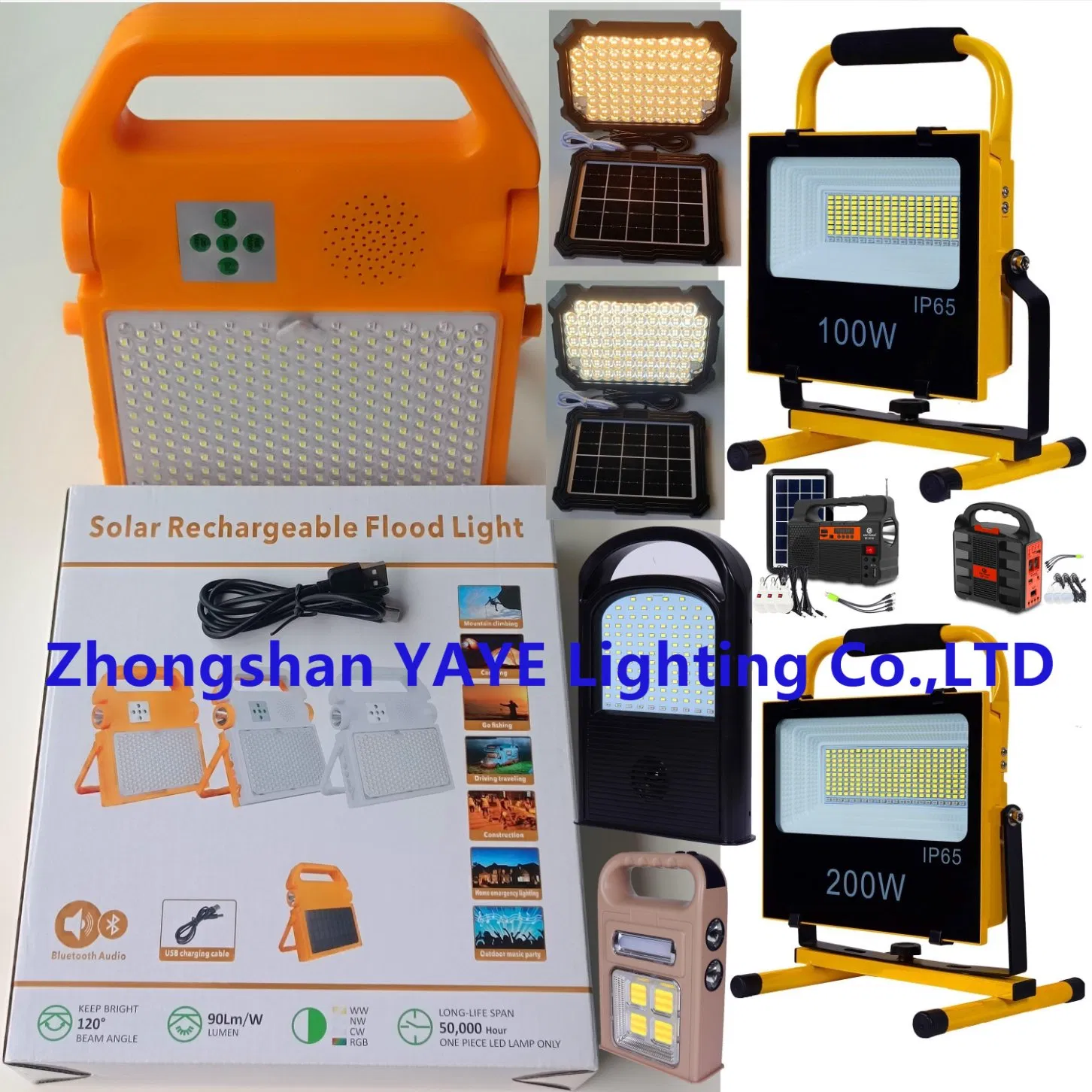 Yaye 26 Years Solar Factory Manufacturer 100W/200W/300W Portable Rechargeable Emergency Indoor/Outdoor Lithium Battery LED Camping Flood Light 3 Years Warranty