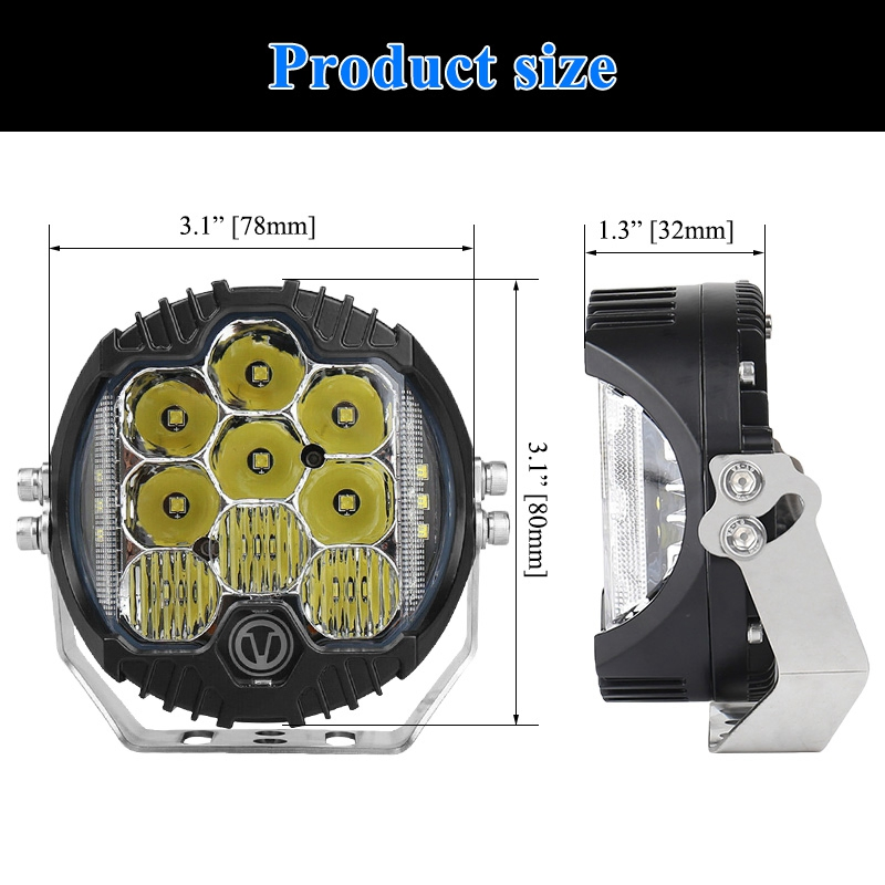 12V 24V 3inch Round Three Side Motorcycle LED Headlamp for Truck Car, Offroad 4X4 4WD SUV ATV UTV Bumper Hood Roof Driving Work Light