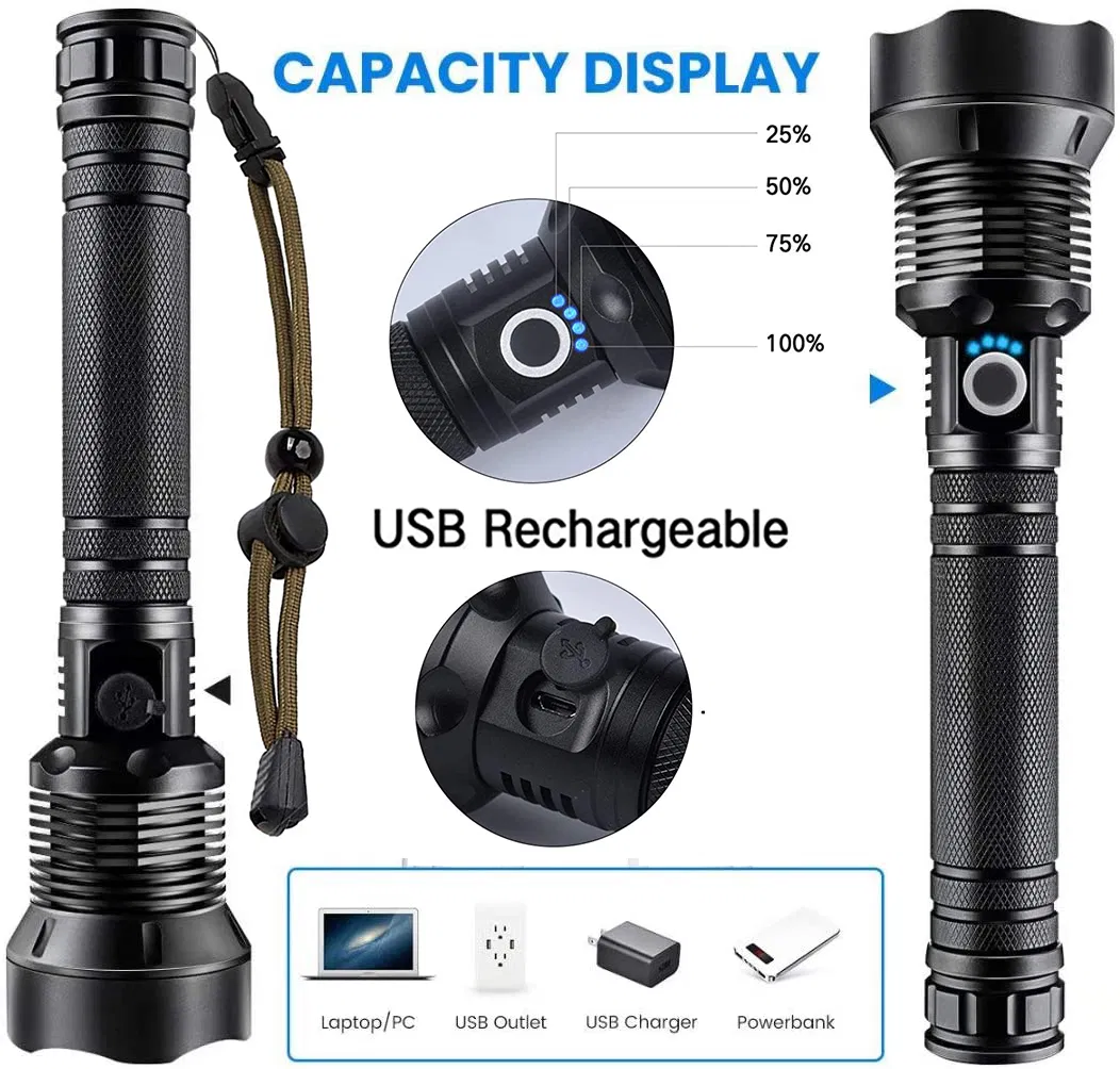 Super Bright Power Display Waterproof Zoomable Rechargeable LED Flashlights