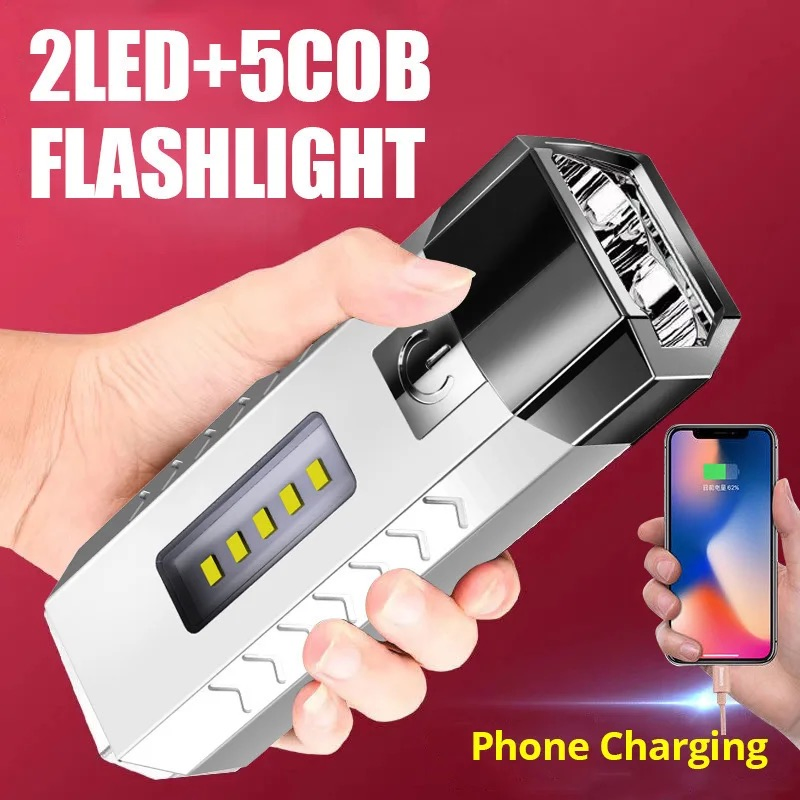 2024 New Arrival Super Bright LED Flashlight USB Rechargeable Camping Lamp Phone Charger COB Flashlights