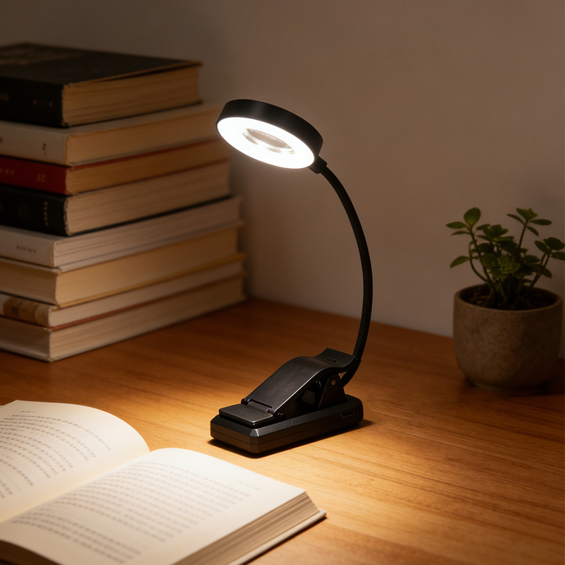 Portable Rechargeable LED Clip-on Book Light with 3X Magnifier - Dimmable 14-LED Eye-Care Lamp for Reading/Elderly