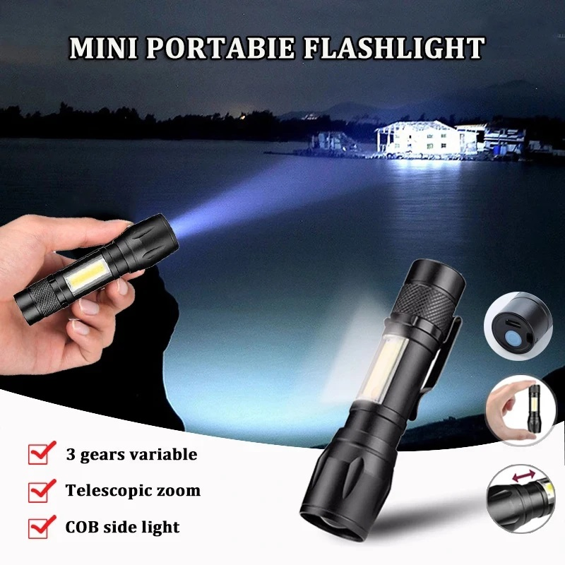 USB Rechargeable COB LED Flashlight Mini Aluminium Alloy Zoomable Flood Torch