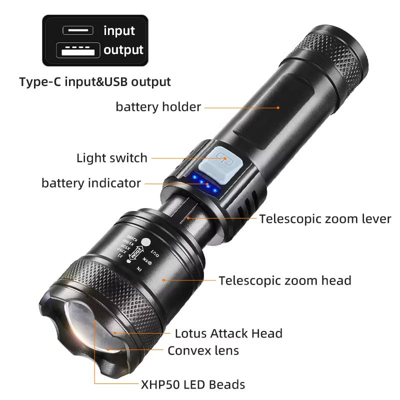 1000 Lumens Super Bright P50 Flashlight Waterproof Lintene Camping Outdoor Tactical LED Torch with Power Bank Powerful LED Flash Lights