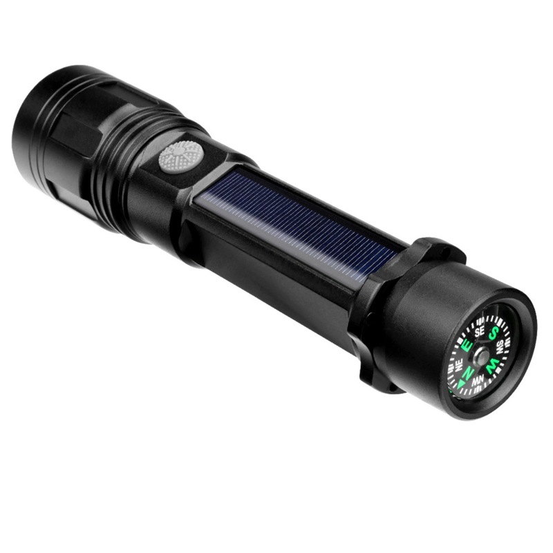 High Quality T6 LED Flashlight Torch Light Base Compass Adjustable Solar Powered Torch Lamp Hot Zooming Aluminum Flashlight