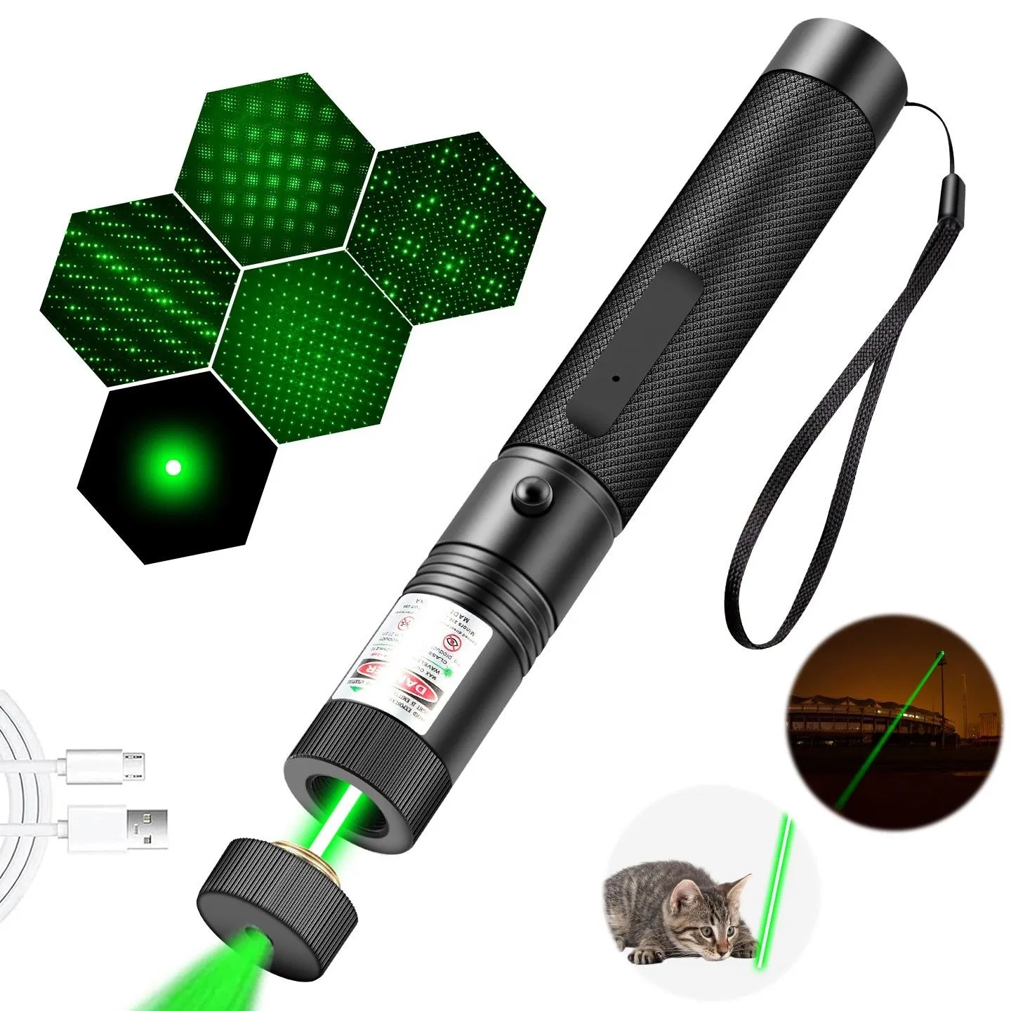 Tactical Flashlight USB Laser 303 Rechargeable Stars Laser Flashlight Sight with Built-in Battery Green Red Purple Laser for Teaching Laser Pen