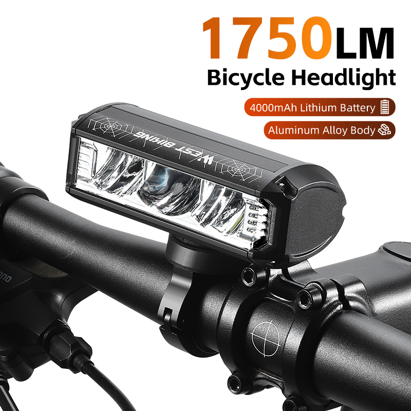 West Biking Yp0701424 1750 Lumens Rectangle Cycling Rechargeable Front Light Waterproof USB Bike High Brightness Mountain Road LED Light