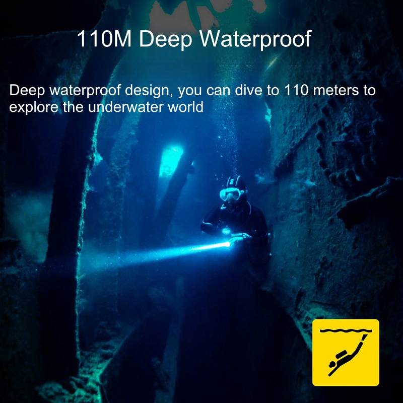 Professional Diving Flashlight Lamp 110m Deep Underwater LED Torch 3 Modes Ipx8 Waterproof Tactical Scuba Diving Light