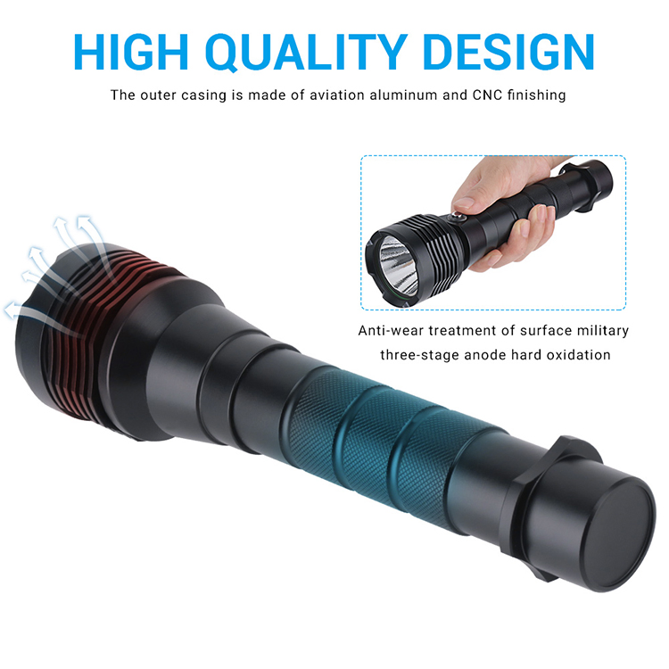 Outdoor Camping Underwater Rechargeable Scuba Diving Flashlight with 4 Modes LED Submersible Flash Torch Light