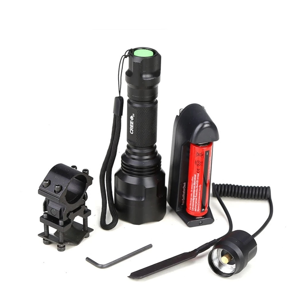 Tactical Hunting Flashlight C8 LED Gun Light+Laser DOT Sight Scope+Switch+2*20mm Rail Barrel Mount+18650+Charger Flashlight
