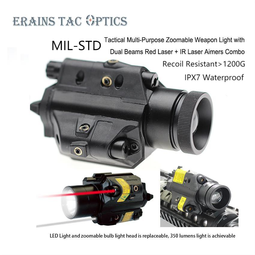 Tactical Ipx7 Multi-Purpose 350lumens Weapon Zoomable Flashlight with Dual Beams Red Aiming Laser and IR Laser Aimer Sight 3-in-1 Flashlight Combo