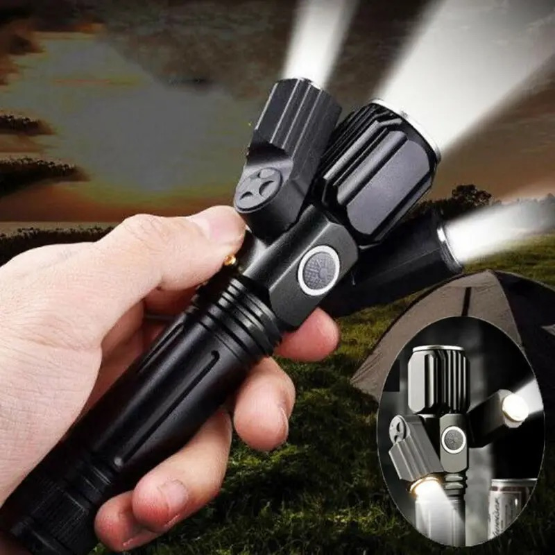 Emergency Work Lighting Bicycle Clamp Front Light Zoom Rechargeable Tactical Torch Waterproof Three Head Rotate 3 LED Flashlight