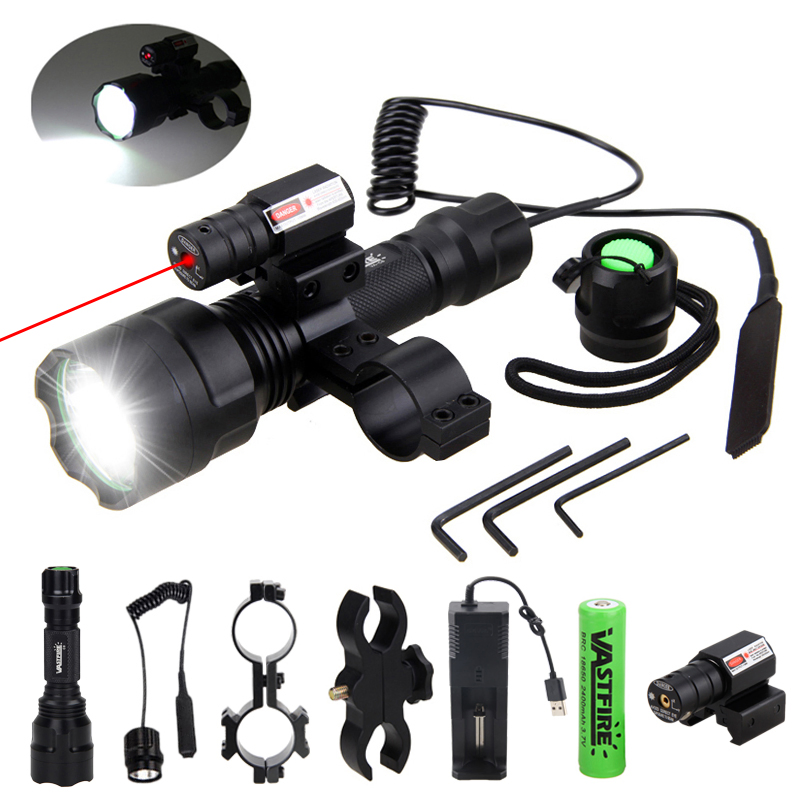 Tactical Hunting Flashlight C8 LED Gun Light+Laser DOT Sight Scope+Switch+2*20mm Rail Barrel Mount+18650+Charger Flashlight