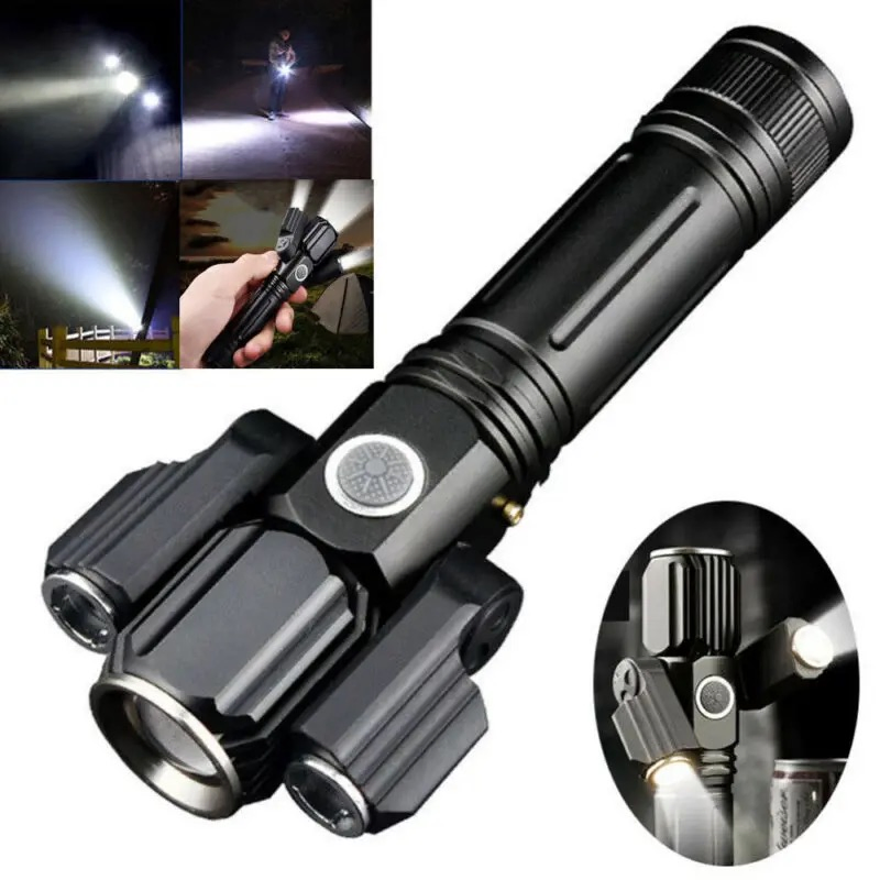 Emergency Work Lighting Bicycle Clamp Front Light Zoom Rechargeable Tactical Torch Waterproof Three Head Rotate 3 LED Flashlight