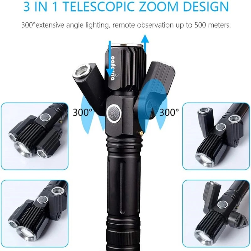 Emergency Work Lighting Bicycle Clamp Front Light Zoom Rechargeable Tactical Torch Waterproof Three Head Rotate 3 LED Flashlight