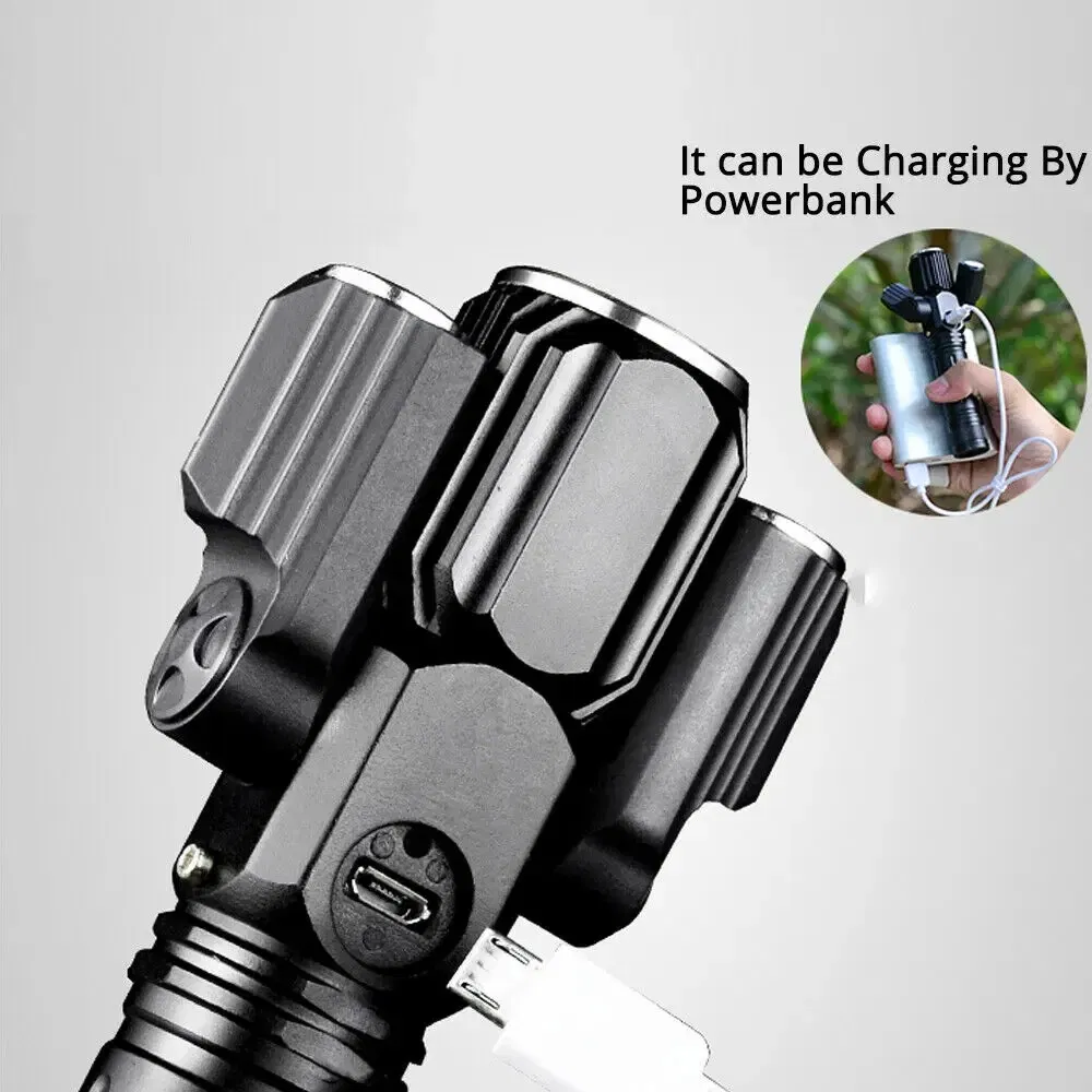 Ultra Bright Handheld Flexible 3 Heads LED Travel Flashlight USB Rechargeable 1000 Lumens Bike Front Torch
