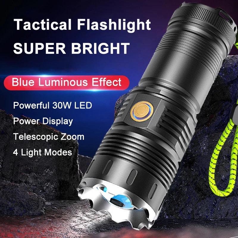 30W LED Super Bright Long Range Powerful LED Flashlight White Laser LED Flashlight Built in Power Bank