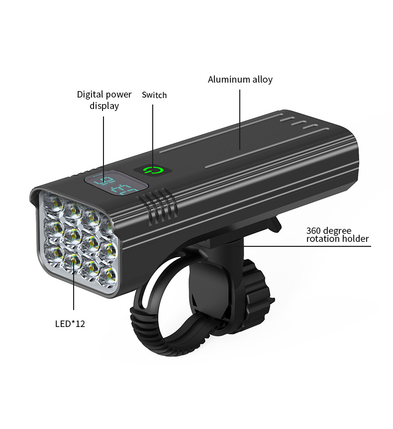 High Lumens LED*12 7500K Power Display Type-C Rechargeable USB Waterproof Flashlight Bicycle Light