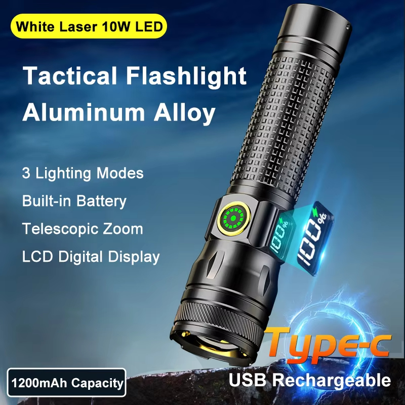 Brightenlux 2025 New Style Type-C USB Rechargeable Torch Light Zoom LED White Laser Flashlight with Power Digital Display