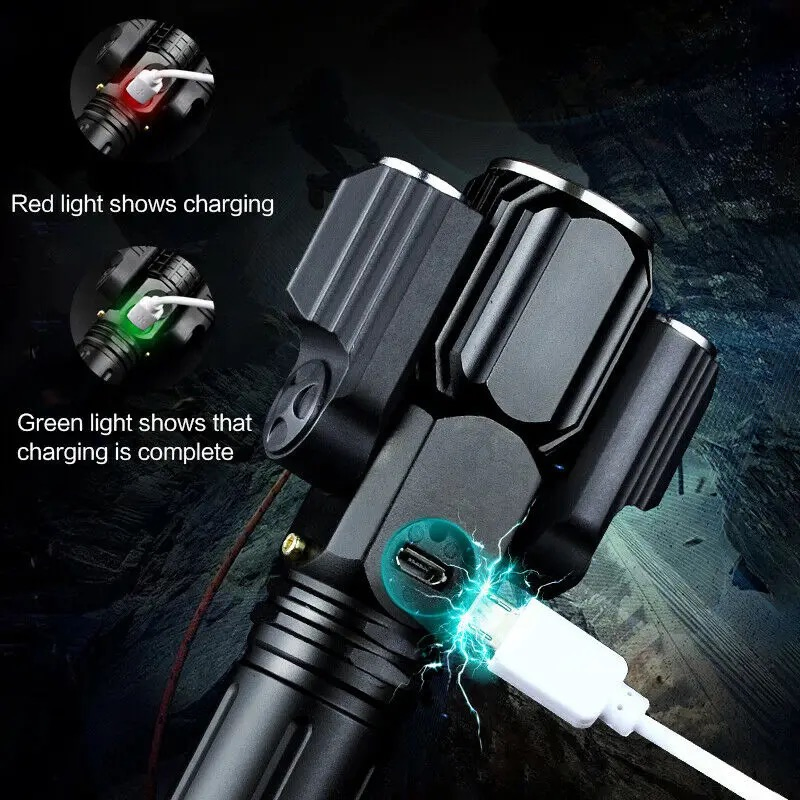 Ultra Bright Handheld Flexible 3 Heads LED Travel Flashlight USB Rechargeable 1000 Lumens Bike Front Torch