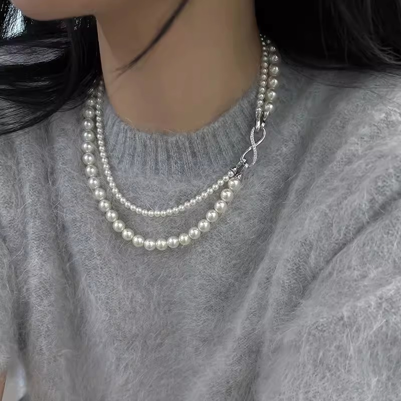 Detachable 8-Shaped Buckle Double-Layer Layered Necklace, Pearl Sweater Chain Light Luxury Collarbone Chain Accessory