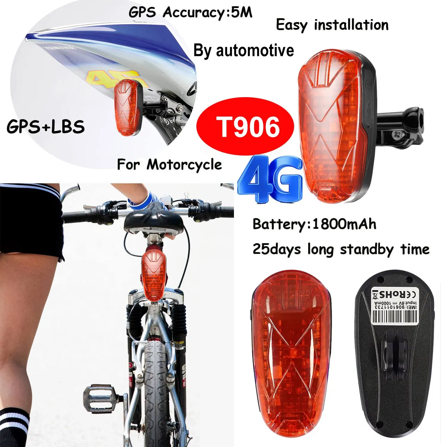 4G Anti Theft Motorcycle Bike GPS Tracker with Long Working Hours Free App Platform T906