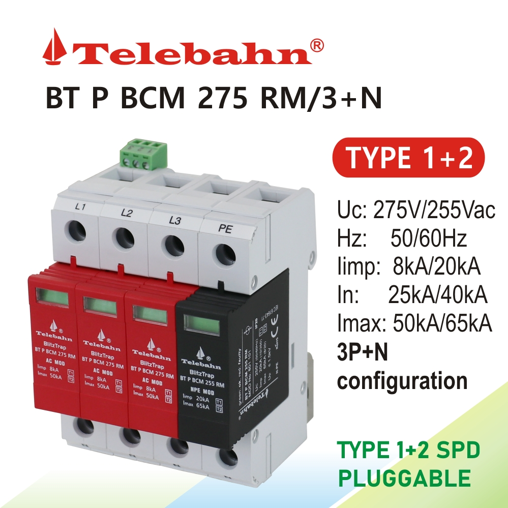 Three Phase AC SPD 275V 8ka 25ka 50ka AC T1+ T2 3p+N Surge Protective Device Low Voltage Surge Arrester