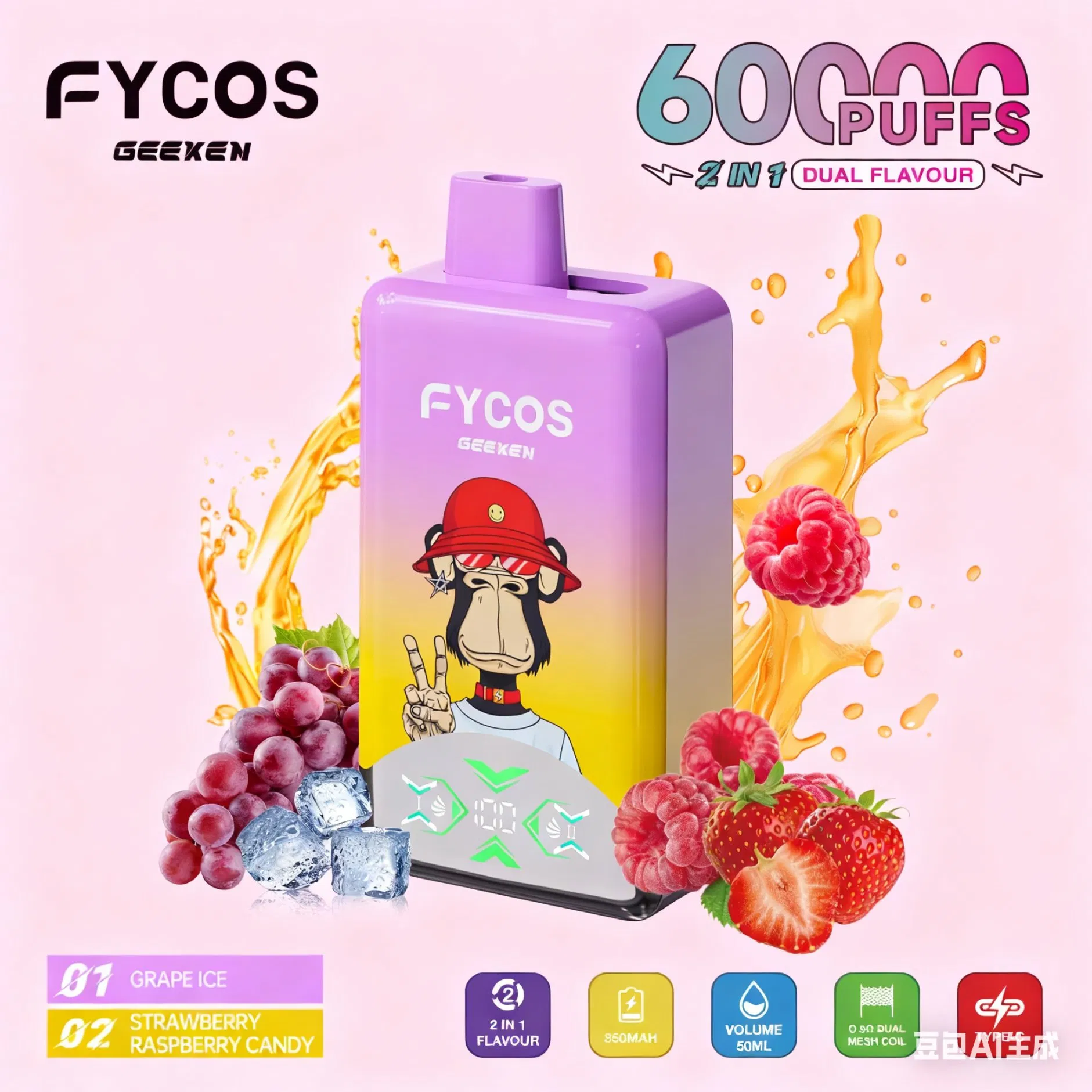 2026 New Trend Fycosin King 60K Tomes Vape Pen 60000 Puffs 1.0 Ohm Mesh Coil Zero Nicotine Option Fruit Flavors B2b B2c Favorite