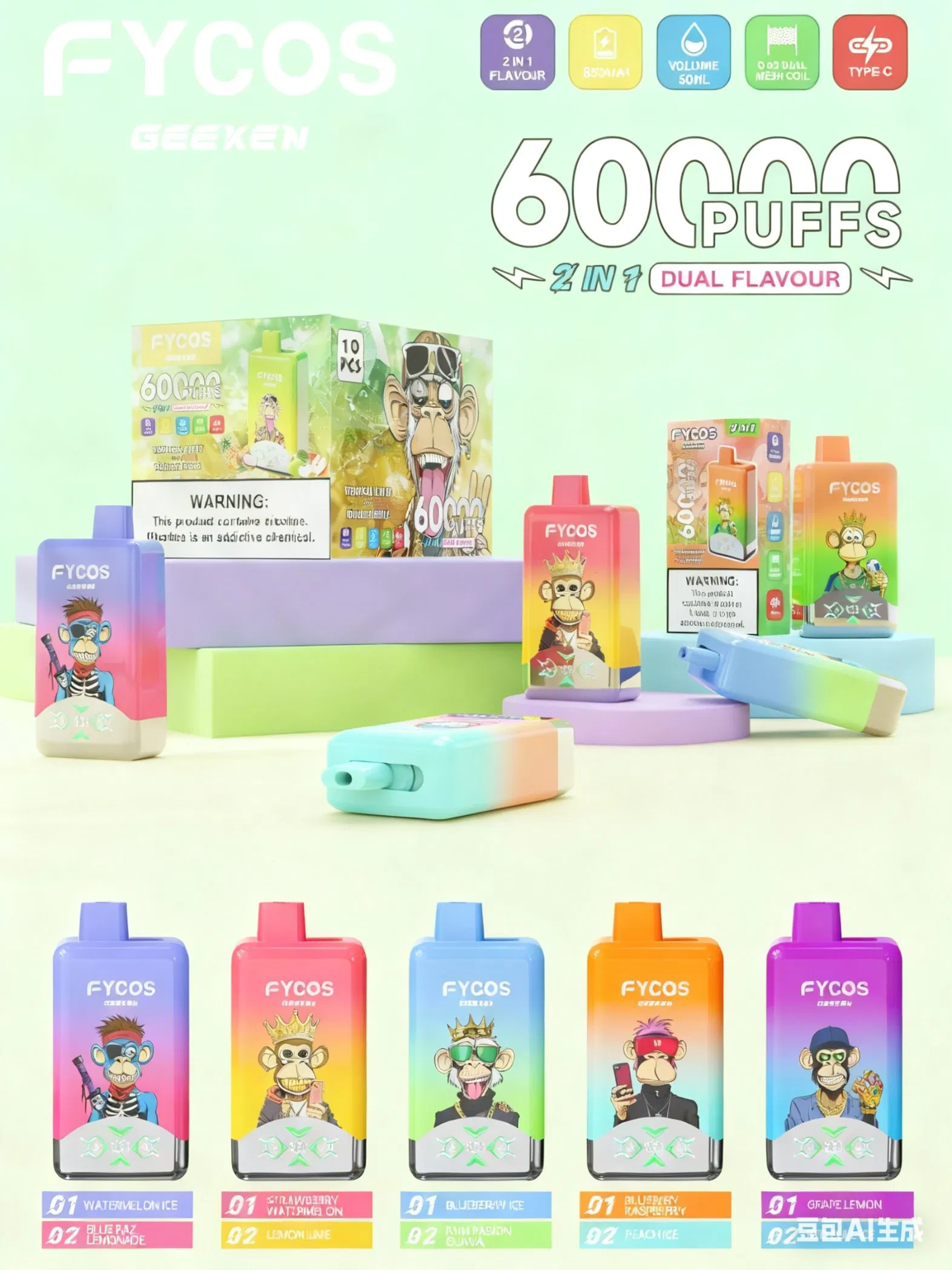 2026 New Trend Fycosin King 60K Tomes Vape Pen 60000 Puffs 1.0 Ohm Mesh Coil Zero Nicotine Option Fruit Flavors B2b B2c Favorite