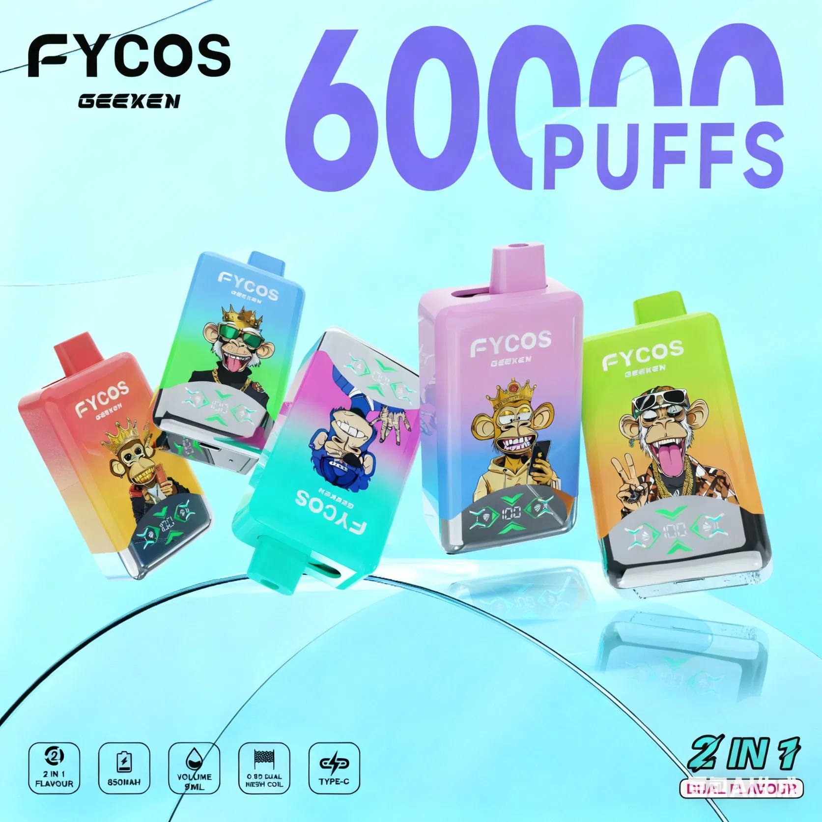 2026 New Trend Fycosin King 60K Tomes Vape Pen 60000 Puffs 1.0 Ohm Mesh Coil Zero Nicotine Option Fruit Flavors B2b B2c Favorite