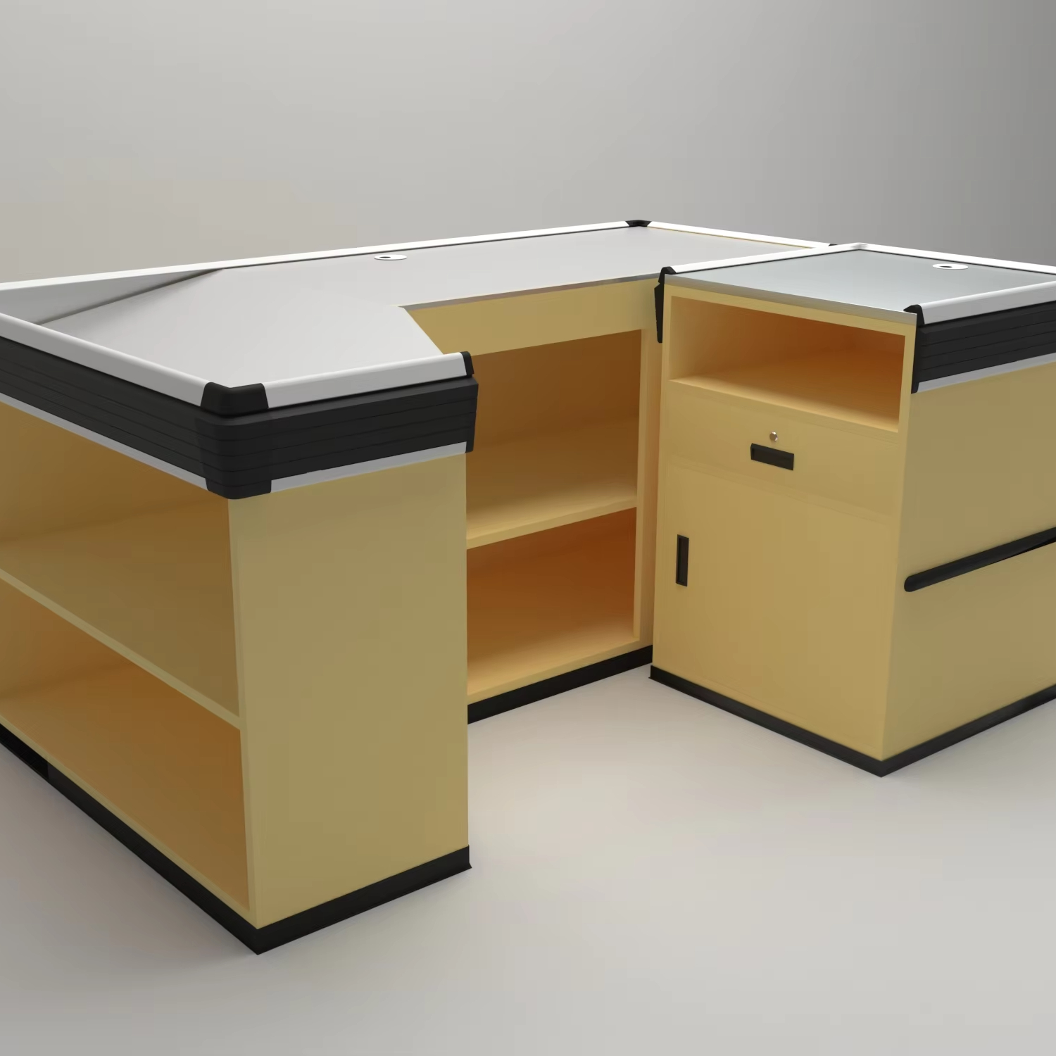 Modern Style Multifunctional Cashier Table Popular Checkou Counter for Supermarkets Durable Wood Steel MDF Materials