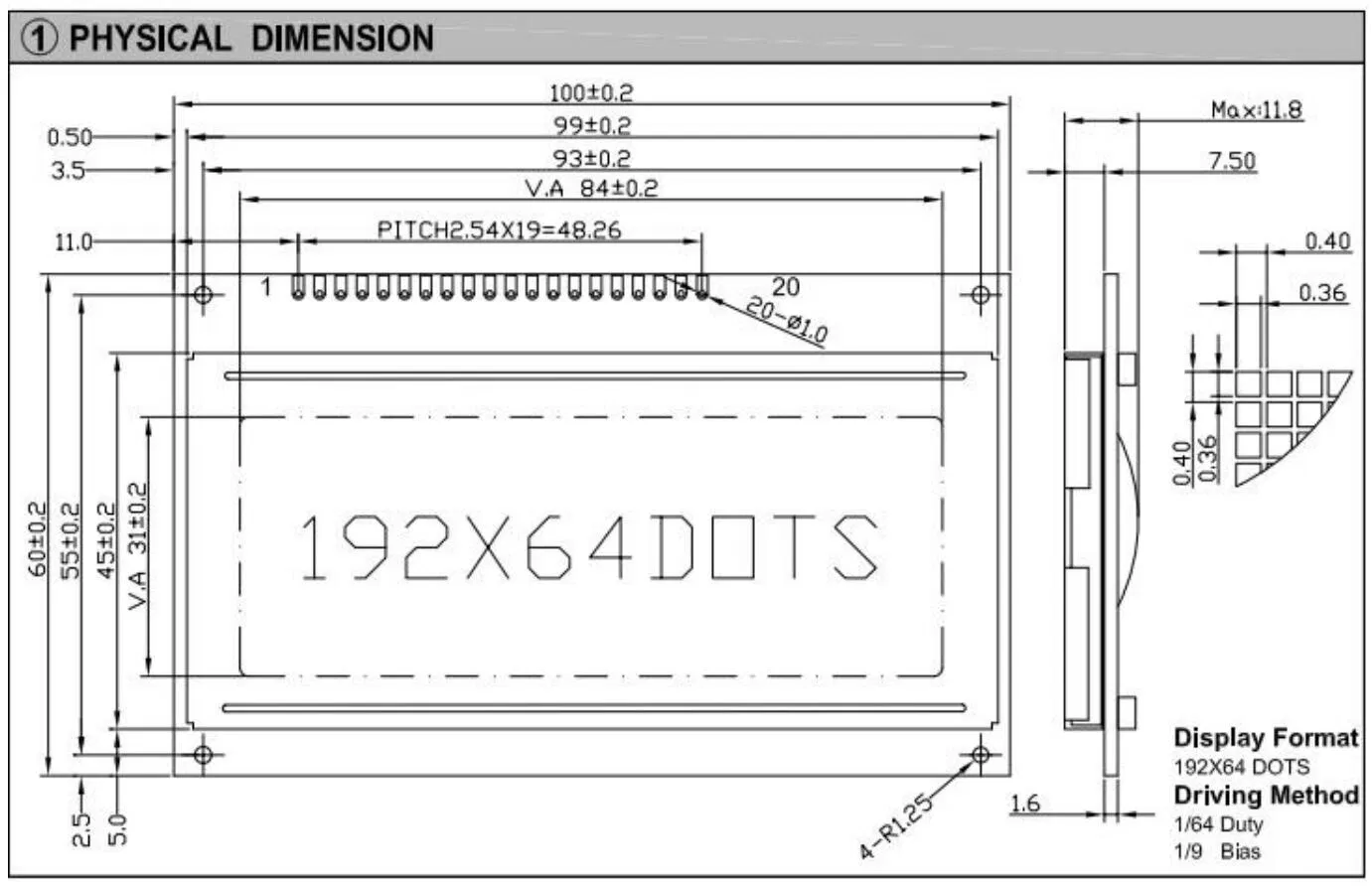 192*64 Graphic LCD Module Stn Wide View At0107 with Backlight Industrial Play