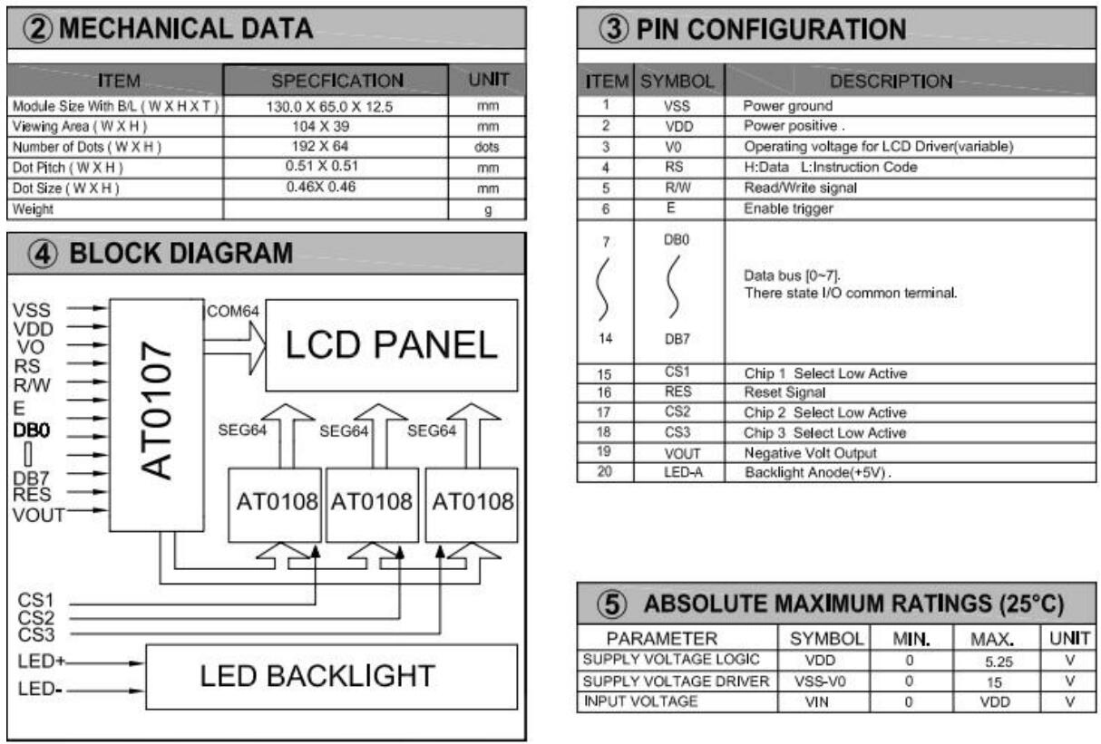 192*64 Graphic LCD Module Big Size Stn Pin Connector with Backlight At0107 At0108 Industrial Display