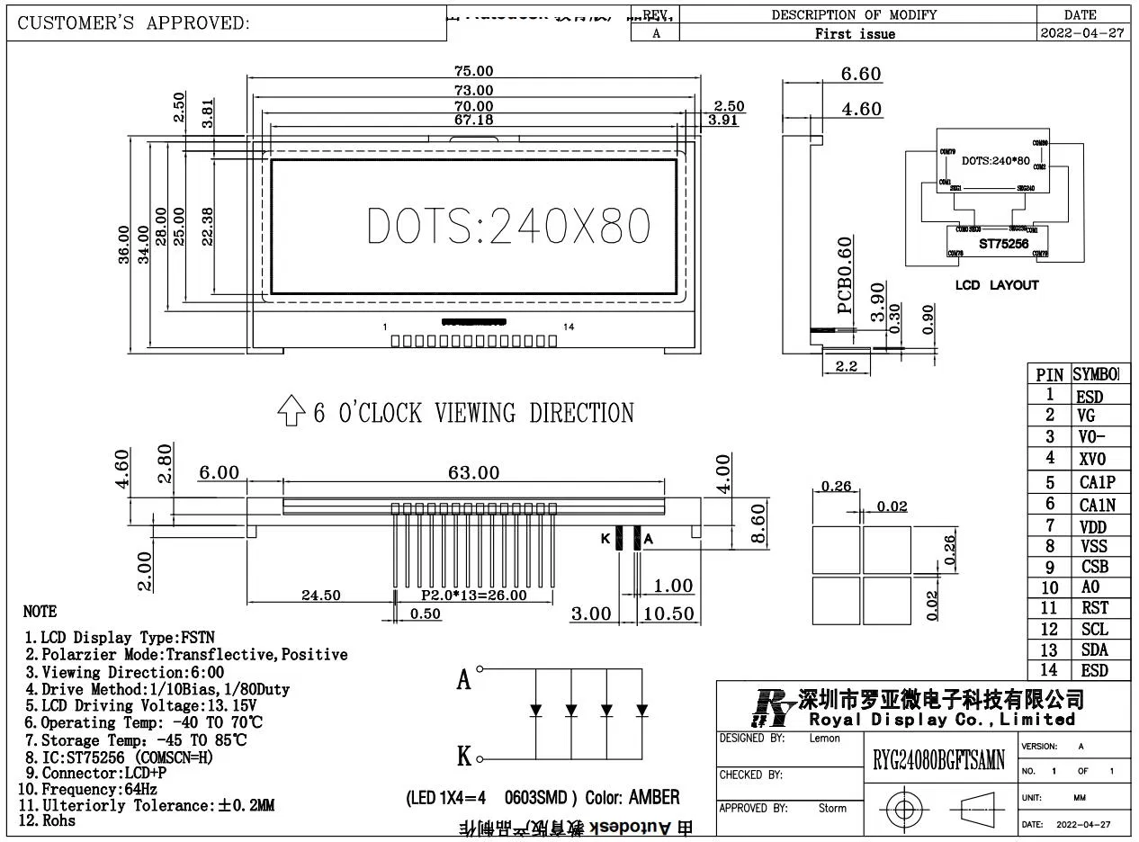 240*80 Graphic LCD Module FSTN 6h Super Wide Temperature Industrial Display Low MOQ