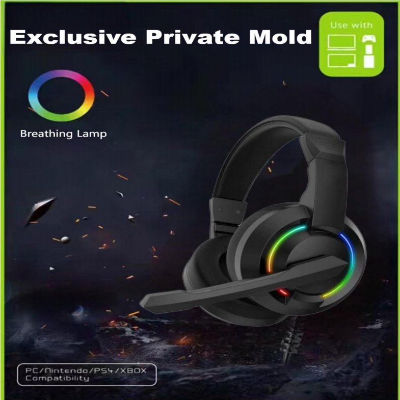Gaming Head-Mounted Headset with Microphone Compatible with PS5, xBox One, PC and Laptops LED RGB Lights, Noise-Canceling