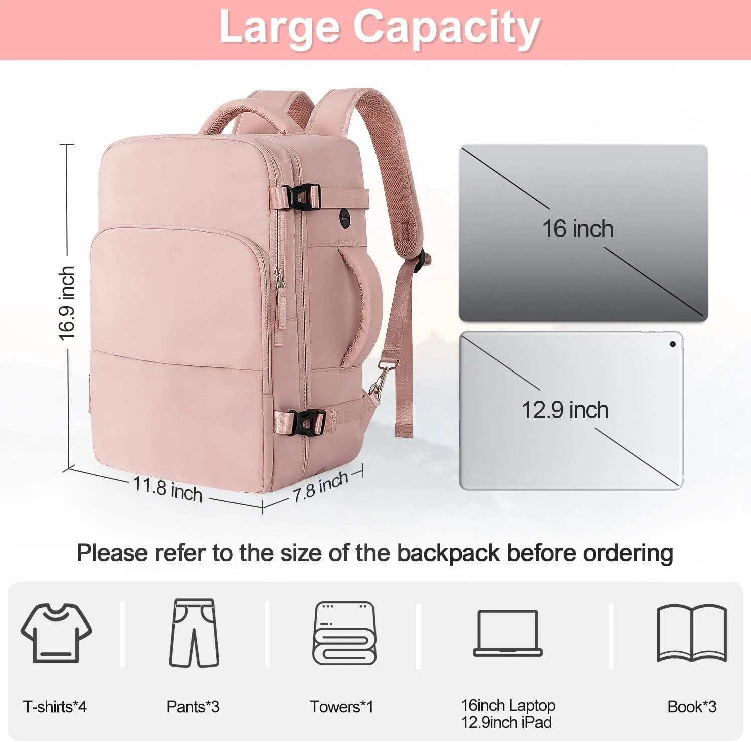 Travel Backpack Flight Approved Carry on Backpack with USB Charging Hole, Lightweight Travel Bag, Waterproof Bookbag for College, Travel, Work