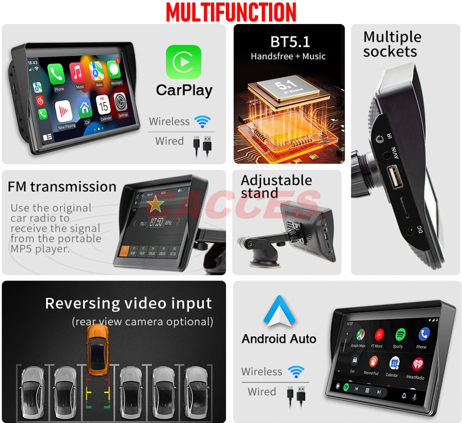 Universal 7 Inch IPS HD Touchscreen Wireless Carplay/Android Auto Pad for Car/Truck/Bike/Bus Auto Multimedia Displayer GPS Car Navigation Screen for All Vehicle