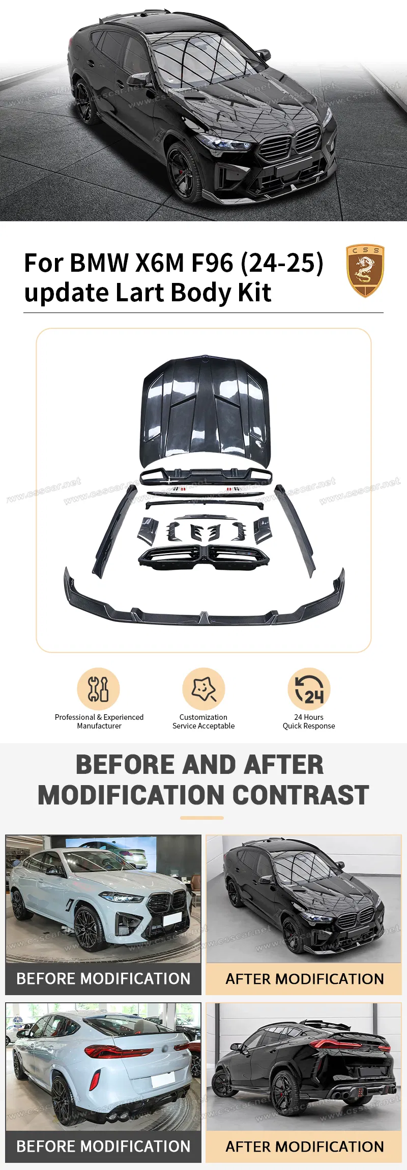 para BMW X6m F96 2024+ Kit de Carroceria Estilo Lar-T em Fibra de Carbono Spoiler Dianteiro Difusor Traseiro Ponteiras de Escape Saias Laterais Grelhas do Para-choque Spoiler