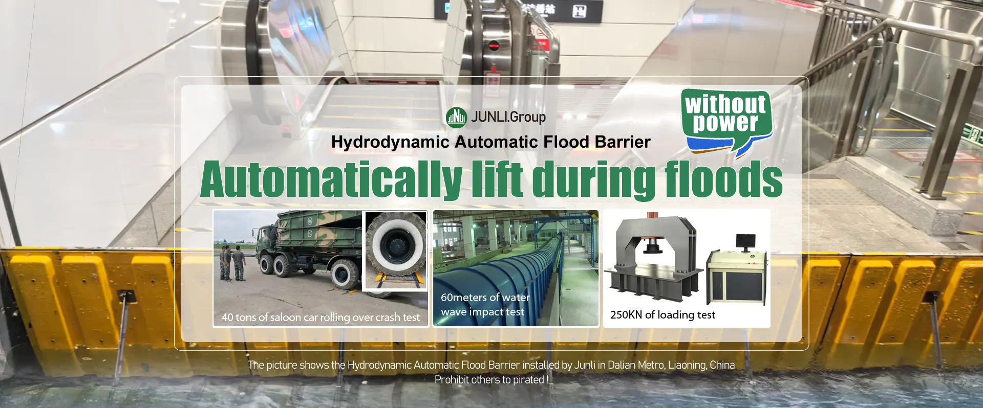 Hydrodynamic flood gate retaining floodwater during heavy rainfall