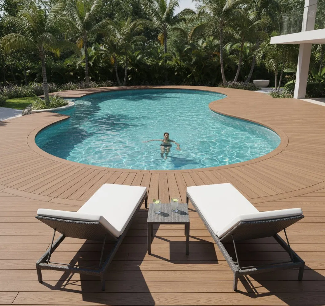 Co-Extruded Outdoor WPC Decking Planks Waterproof Composite WPC Decking Board Wood Plastic Flooring for Patio/Garden/Poolside