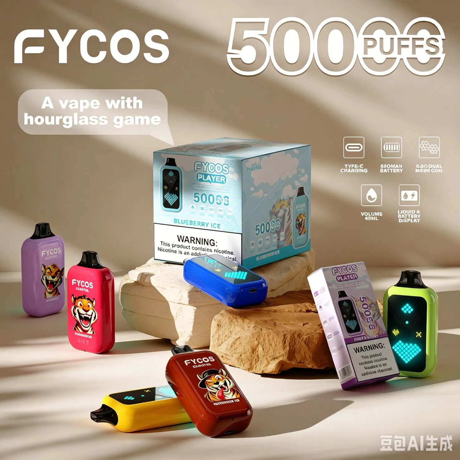 Fycos Refillable Crystal Electronic Cigarette Customized Shisha Hookah 50000 Puff Wholesale Rechargeable Zero Nicotine Empty Pod Video Disposable Vape