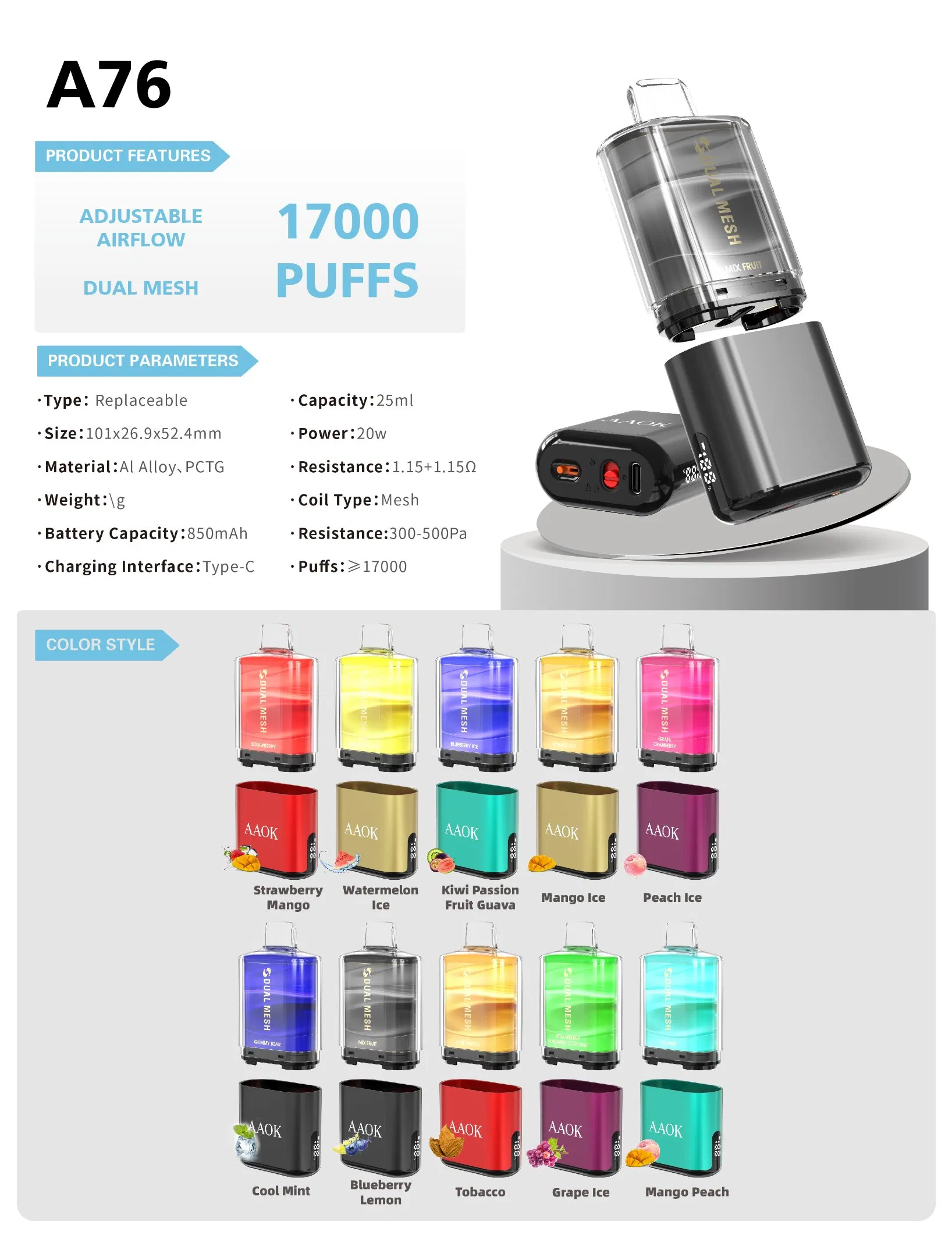 Aaok 36000 Puffs Prefilled Pod System E Cigarettes Vape Puff with 40ml Prefilled Pod Mesh Coil 850mAh Rechargeable Battery Pen Vaper Device