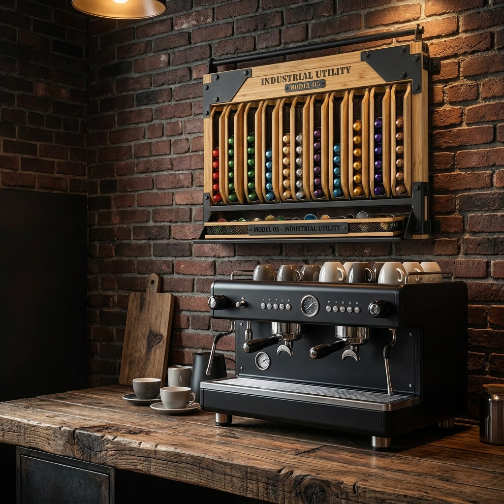 Large Capacity Industrial Bamboo Coffee Pod Station 10-Track Vertical Rack With Bottom Mesh Accessory Tray