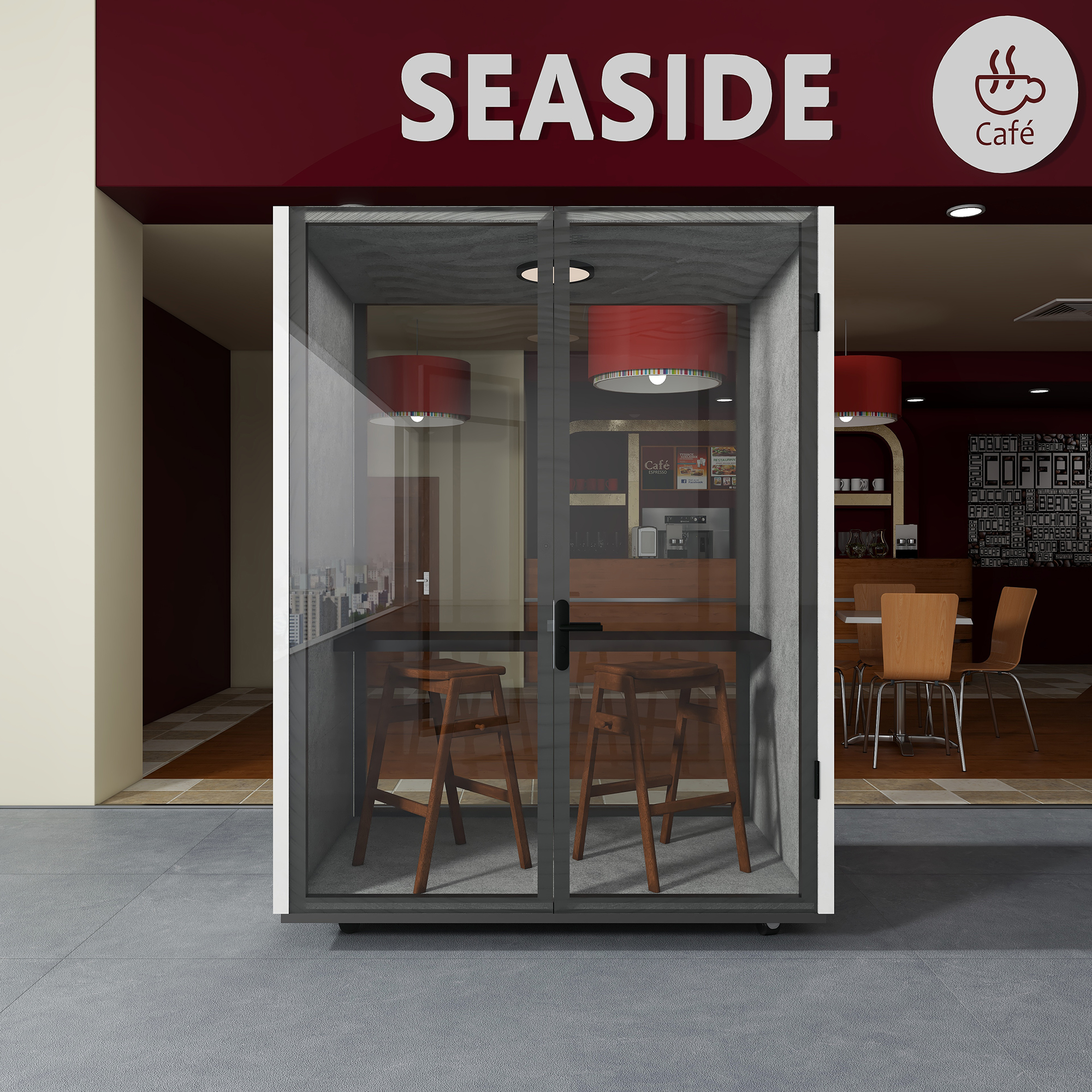 Soundproof Booth Model L Booth Portable and Reconfigurable Meeting Pod with Compact Laminate Furniture
