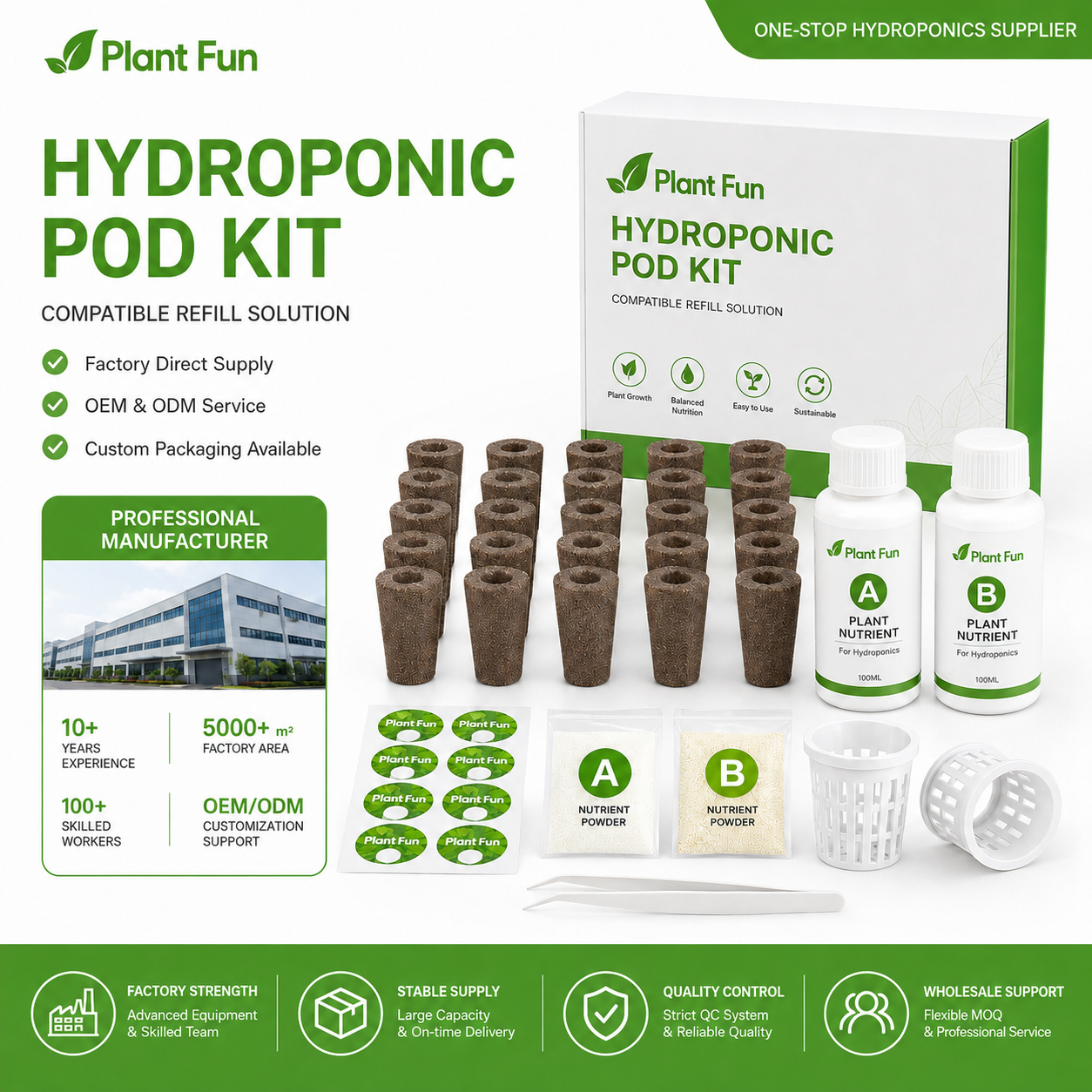 Custom Indoor Biodegradable Lightweight Hydroponics Refill Pod Kit 126-Pcs Complete Herb Garden Sponges Baskets Domes